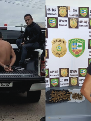A Polícia Civil do Amazonas (PC-AM), por meio da 68ª Delegacia Interativa de Polícia (DIP) de Itamarati (a 985 quilômetros de Manaus), em ação integrada com a Polícia Militar do Amazonas (PMAM), cumpriu, no sábado (03/05), mandado de prisão preventiva de Lucas Nascimento de Araújo, 22, e Thiago Borges de Souza, 20, por tráfico de drogas. As prisões ocorreram no bairro Centro, no município.